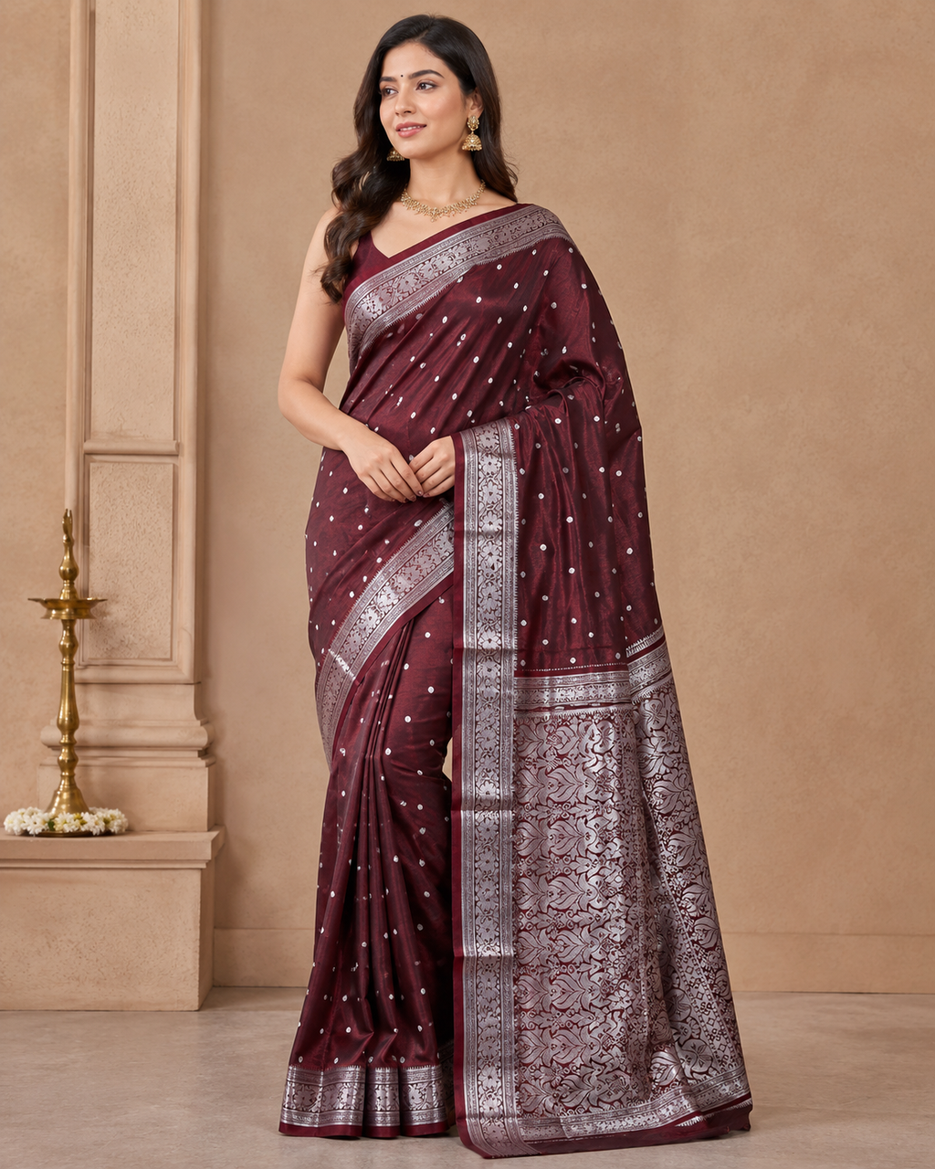 Wine Maroon Satin Silk Saree, Silver Zari Border, Floral Motifs, Wedding Wear