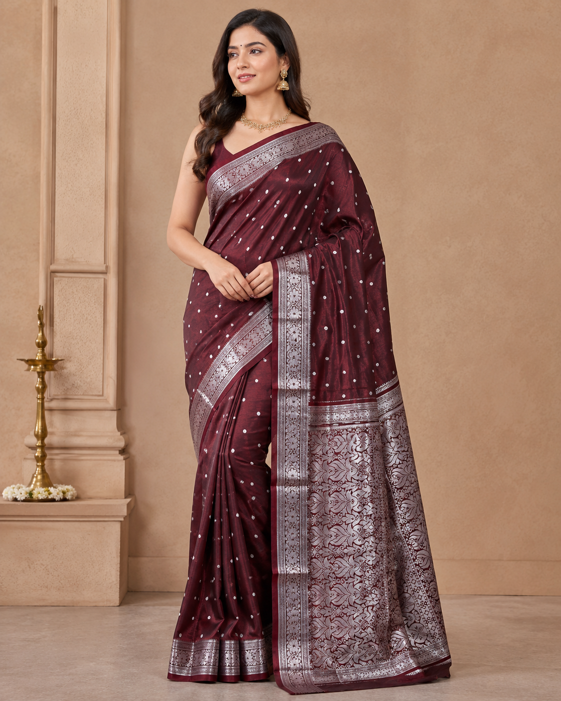 Wine Maroon Satin Silk Saree, Silver Zari Border, Floral Motifs, Wedding Wear