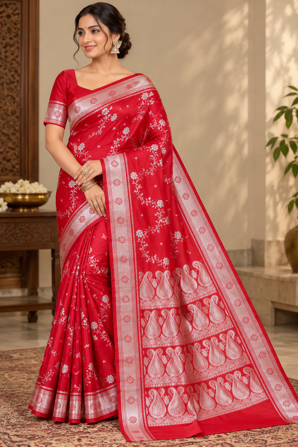 Red Satin Silk Saree, Floral Vine, Silver Border, Paisley Pallu (Wedding Wear)