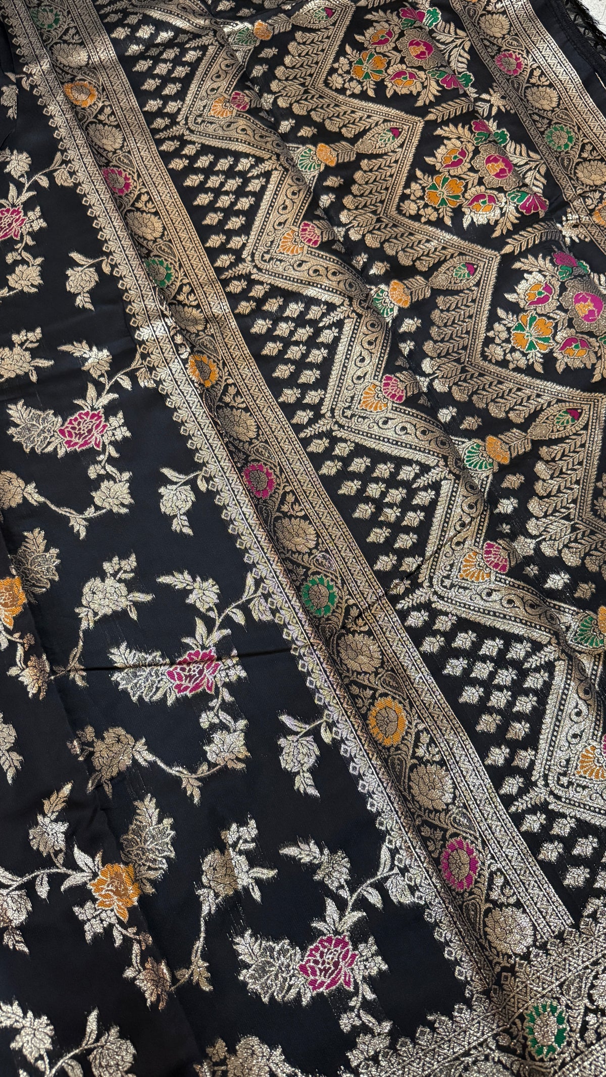 Black Georgette Silk Saree, Floral Zari, Traditional Wedding Wear