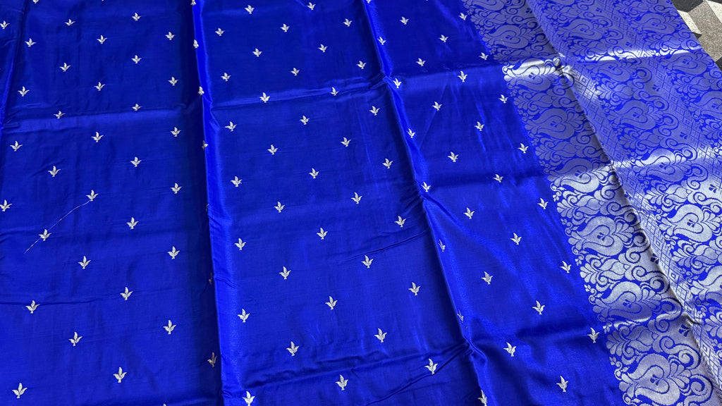 Royal Blue Satin Silk Saree, Silver Zari Border, Festive Ethnic Wear
