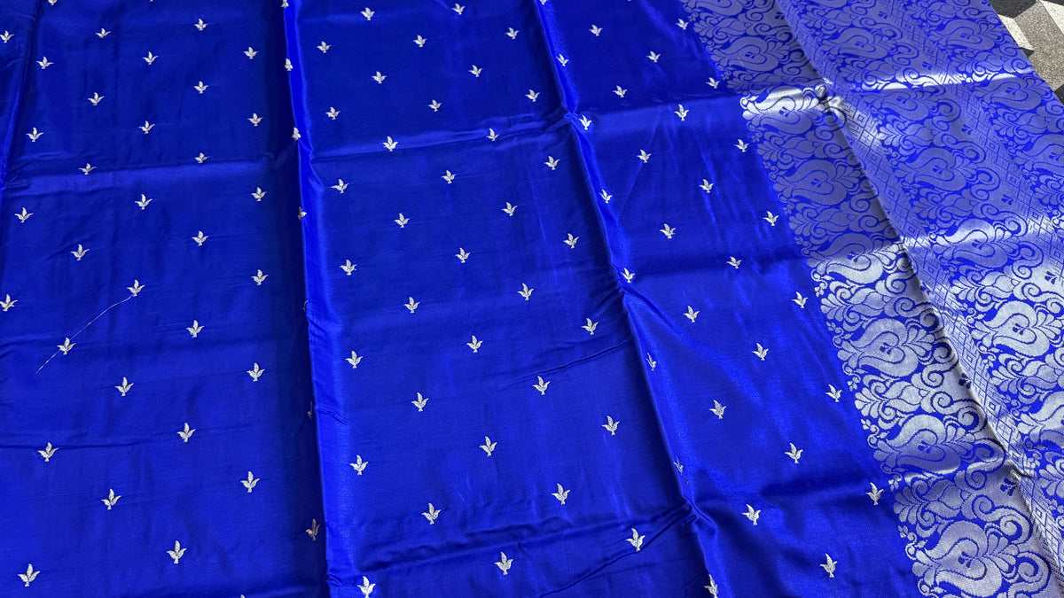 Royal Blue Satin Silk Saree, Silver Zari Border, Festive Ethnic Wear