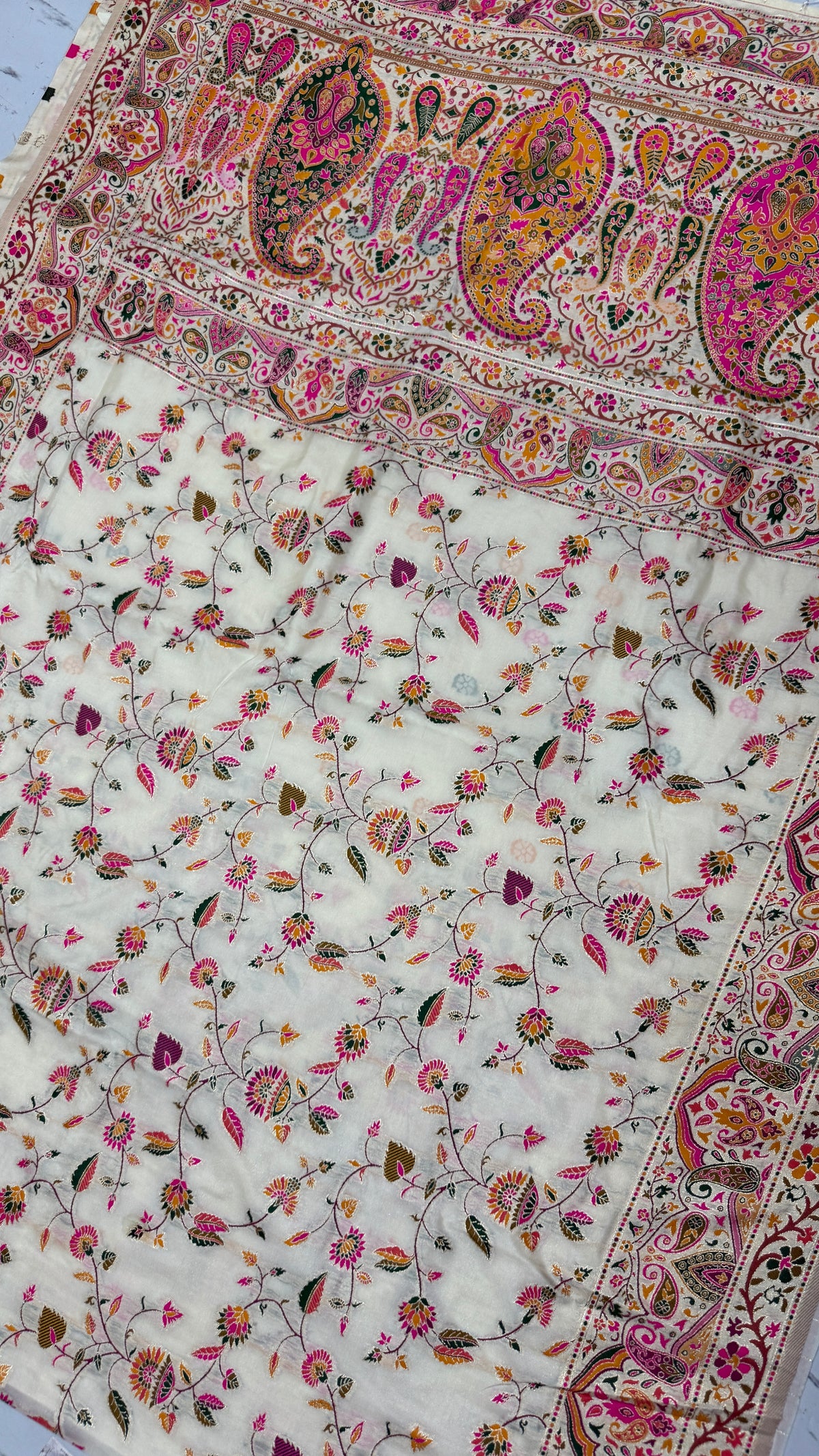 Pashmina Silk Saree | Cream Floral Printed Saree with Paisley Border | Indian Ethnic Wedding & Festive Wear