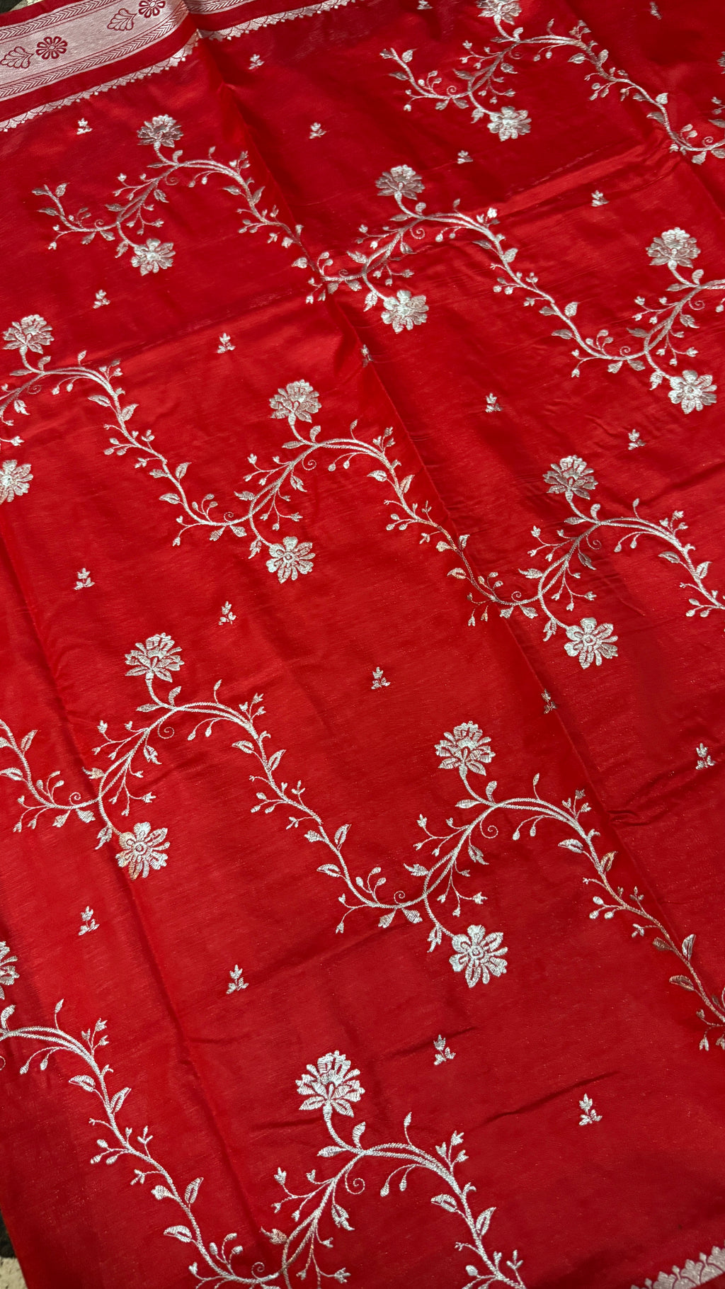 Red Satin Silk Saree, Floral Vine, Silver Border, Paisley Pallu (Wedding Wear)