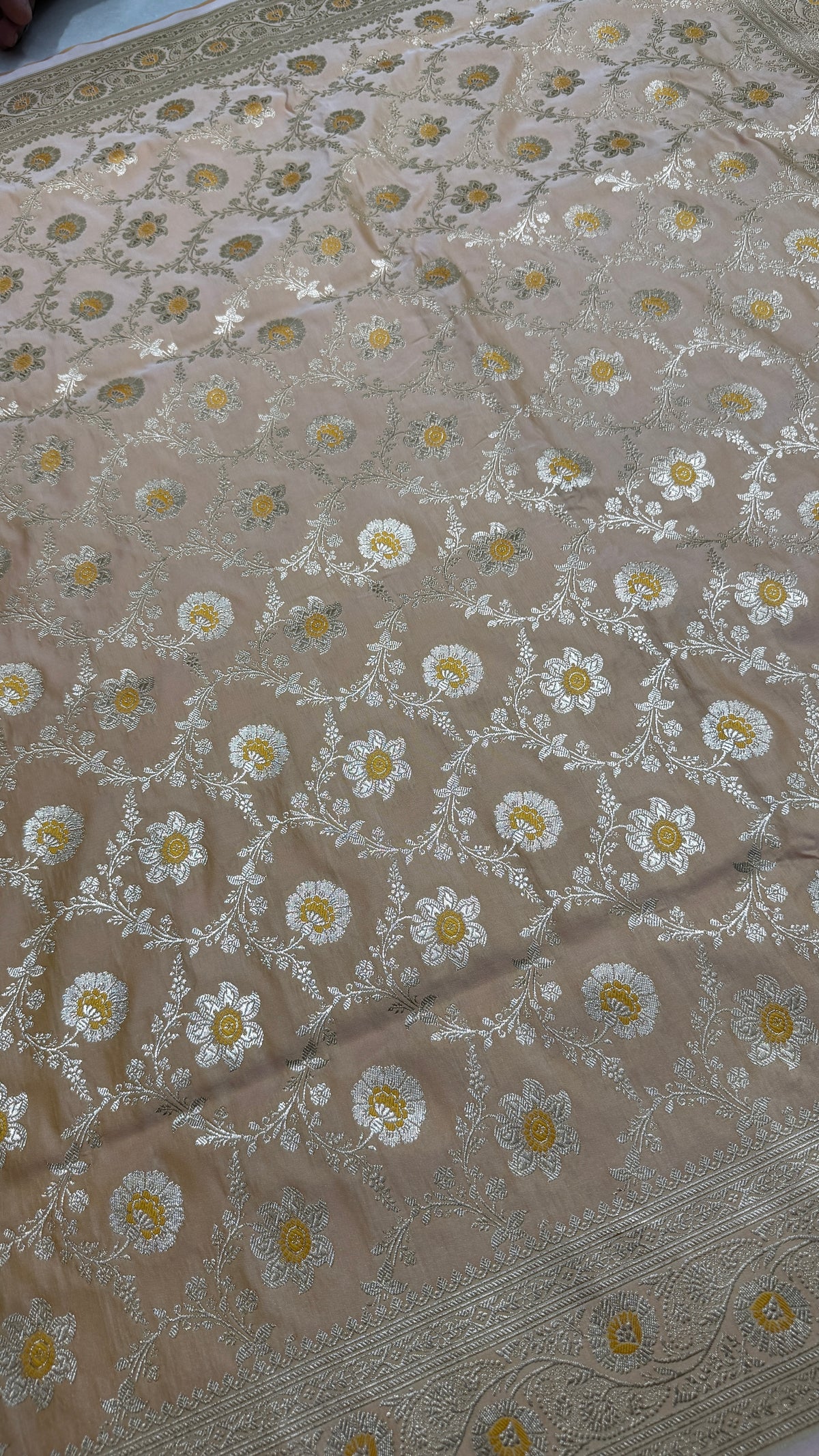 Pure Katan Silk Saree: Champagne Beige Floral Zari Woven Indian Wedding Festive Wear
