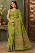 Green Pashmina Silk Saree, Kashmiri Floral Woven, Paisley Border, Festive Ethnic Wear