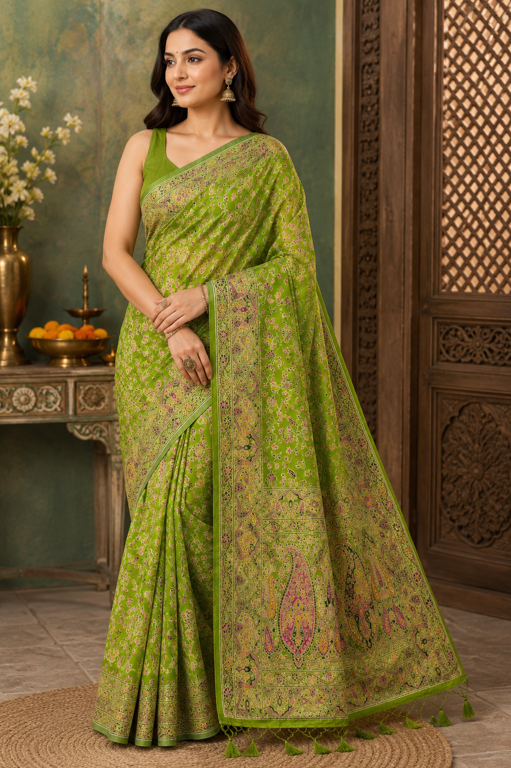 Green Pashmina Silk Saree, Kashmiri Floral Woven, Paisley Border, Festive Ethnic Wear