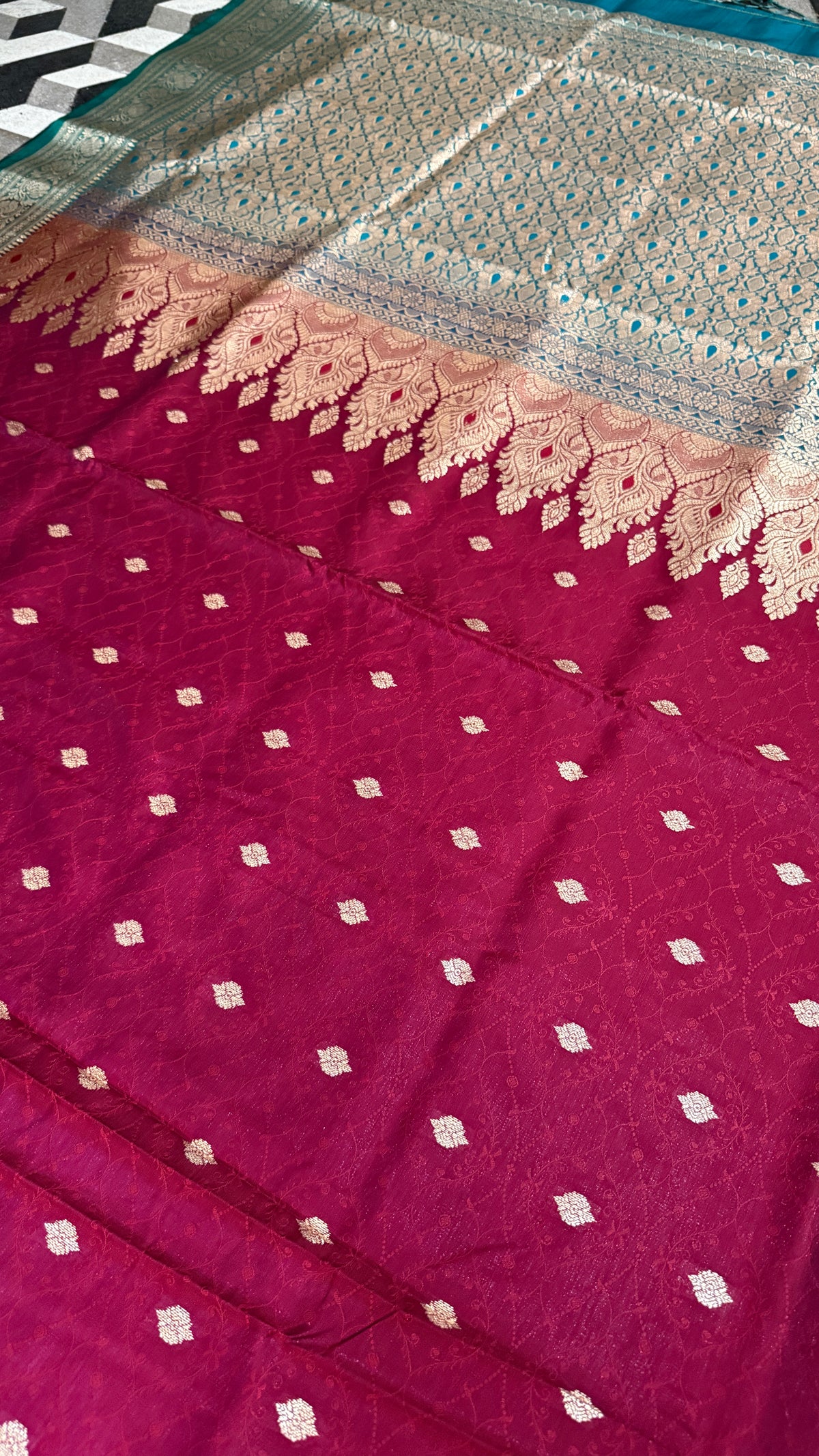 Banarasi Silk Saree Wine Magenta Teal, Golden Zari Woven, Wedding Festive Wear