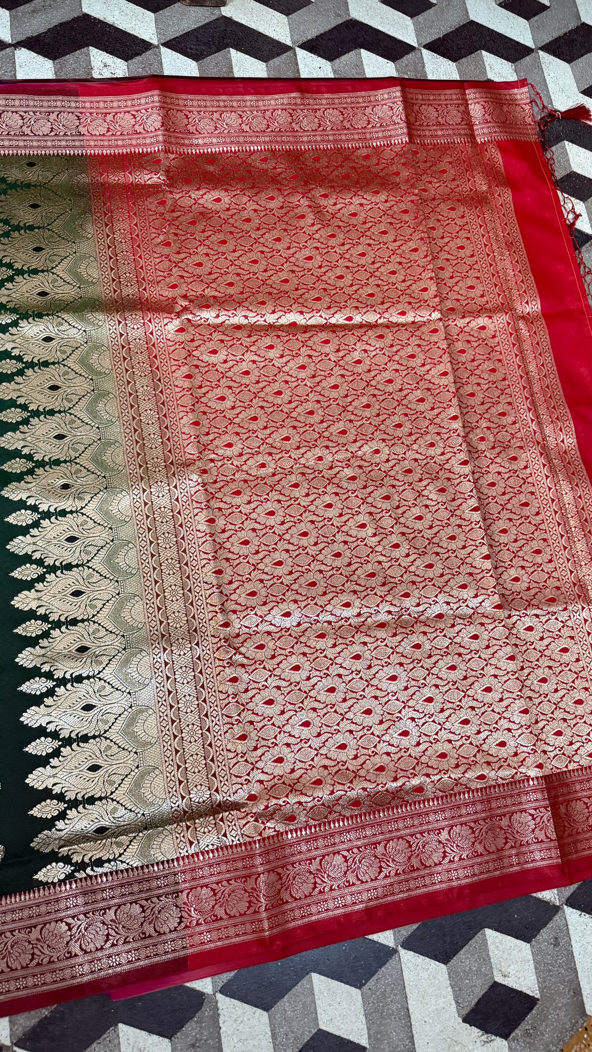 Emerald Green Banarasi Silk Saree, Rose Gold Zari Woven Border, Indian Wedding Festive Wear