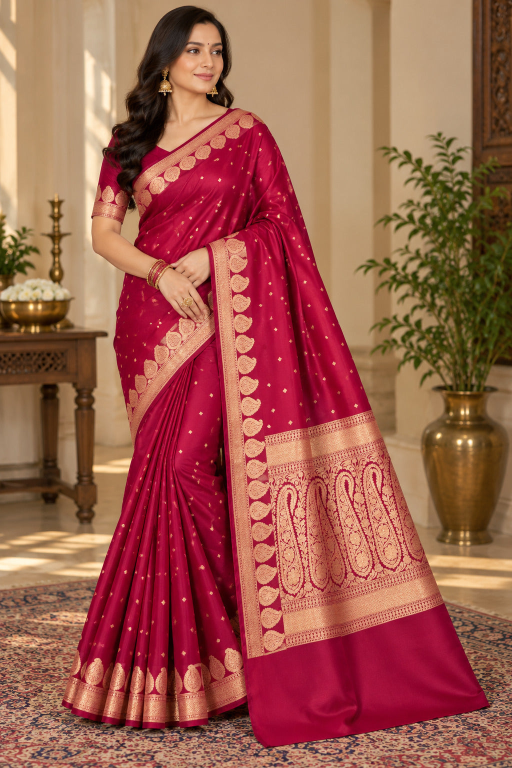 Rani Pink Banarasi Mashru Silk Saree, Gold Zari Woven, Traditional Indian Wedding Saree