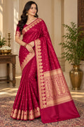 Rani Pink Banarasi Mashru Silk Saree, Gold Zari Woven, Traditional Indian Wedding Saree