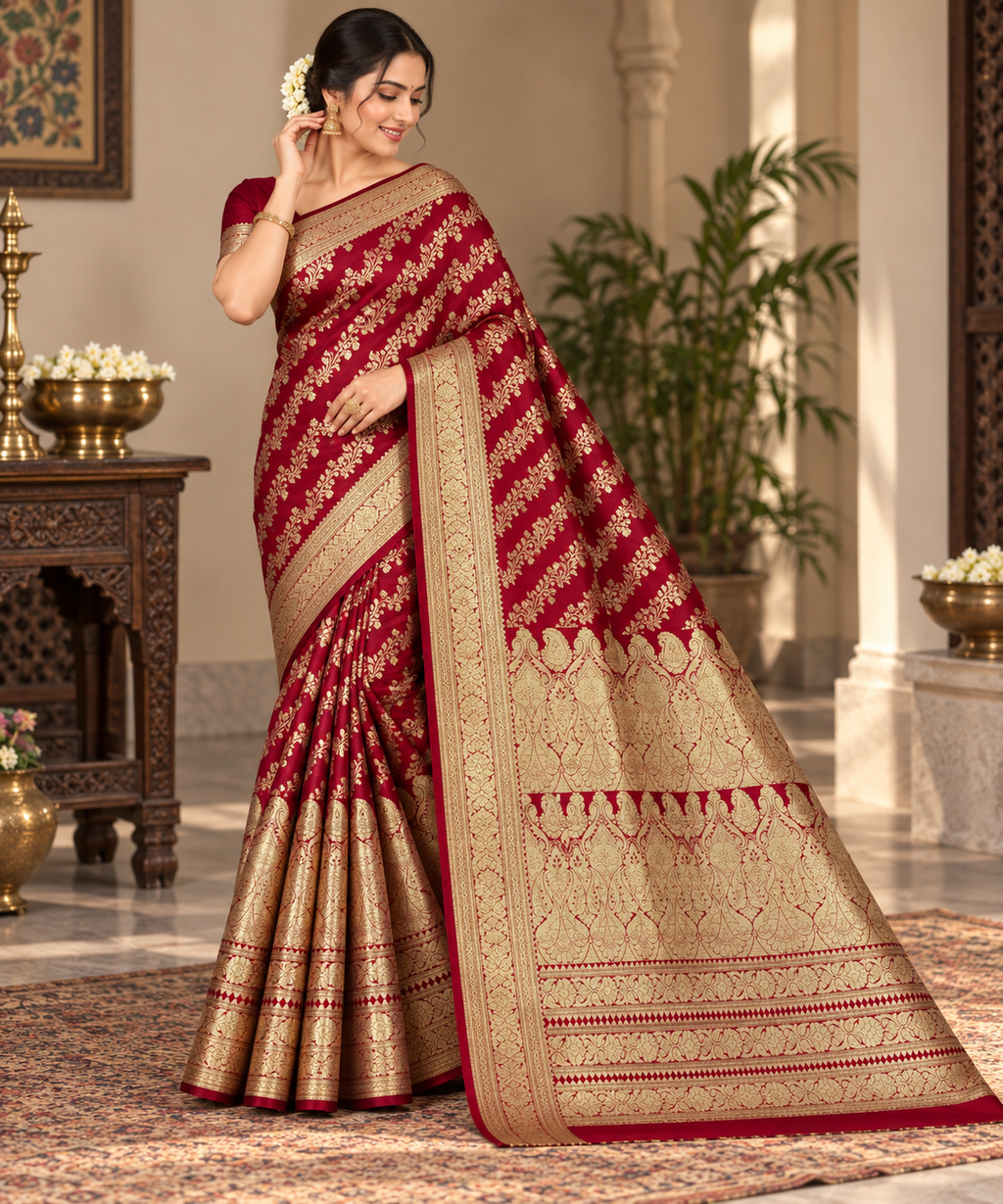 Maroon Gold Banarasi Silk Saree, Floral Paisley Zari Weave, Wedding Festive