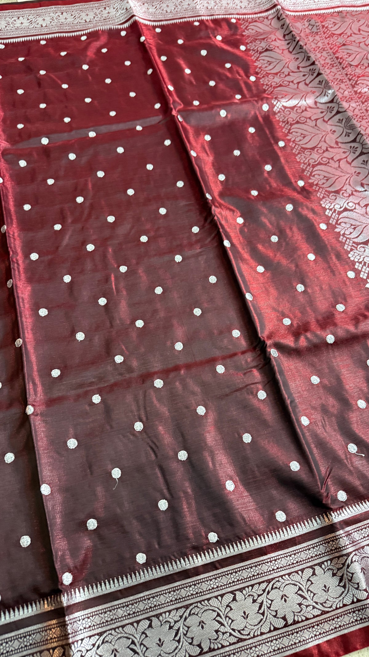 Wine Maroon Satin Silk Saree, Silver Zari Border, Floral Motifs, Wedding Wear
