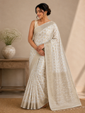 Ivory Dola Silk Cream Saree | Gold Zari Border, Floral Motifs, Banarasi Weave, Wedding Wear