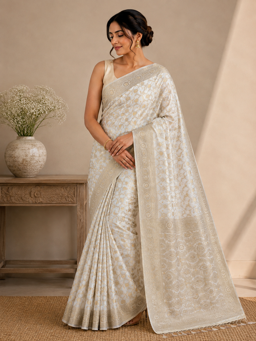 Ivory Dola Silk Cream Saree | Gold Zari Border, Floral Motifs, Banarasi Weave, Wedding Wear