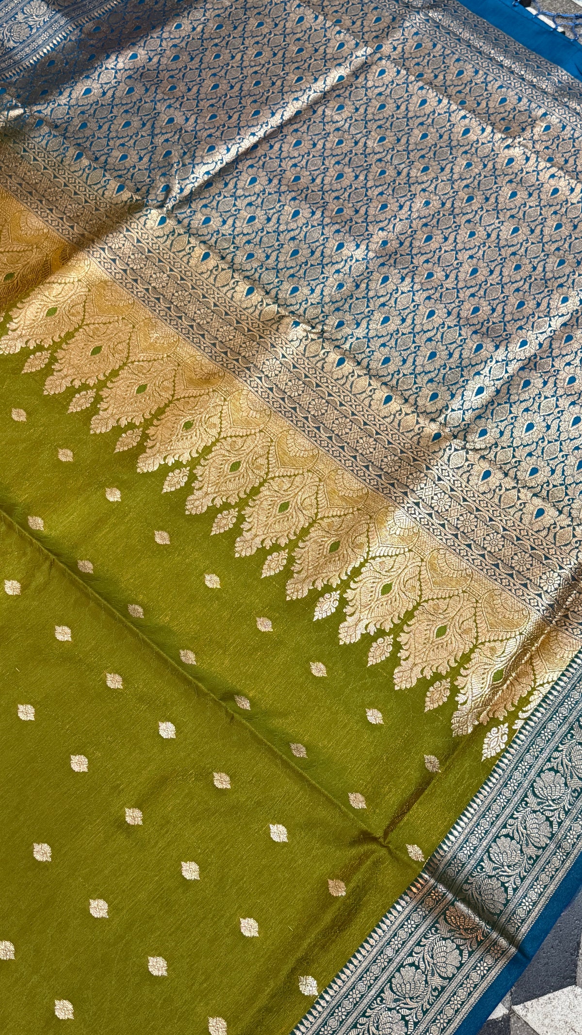 Olive Green Banarasi Silk Saree, Blue Zari Woven Border, Traditional Indian Wedding Wear