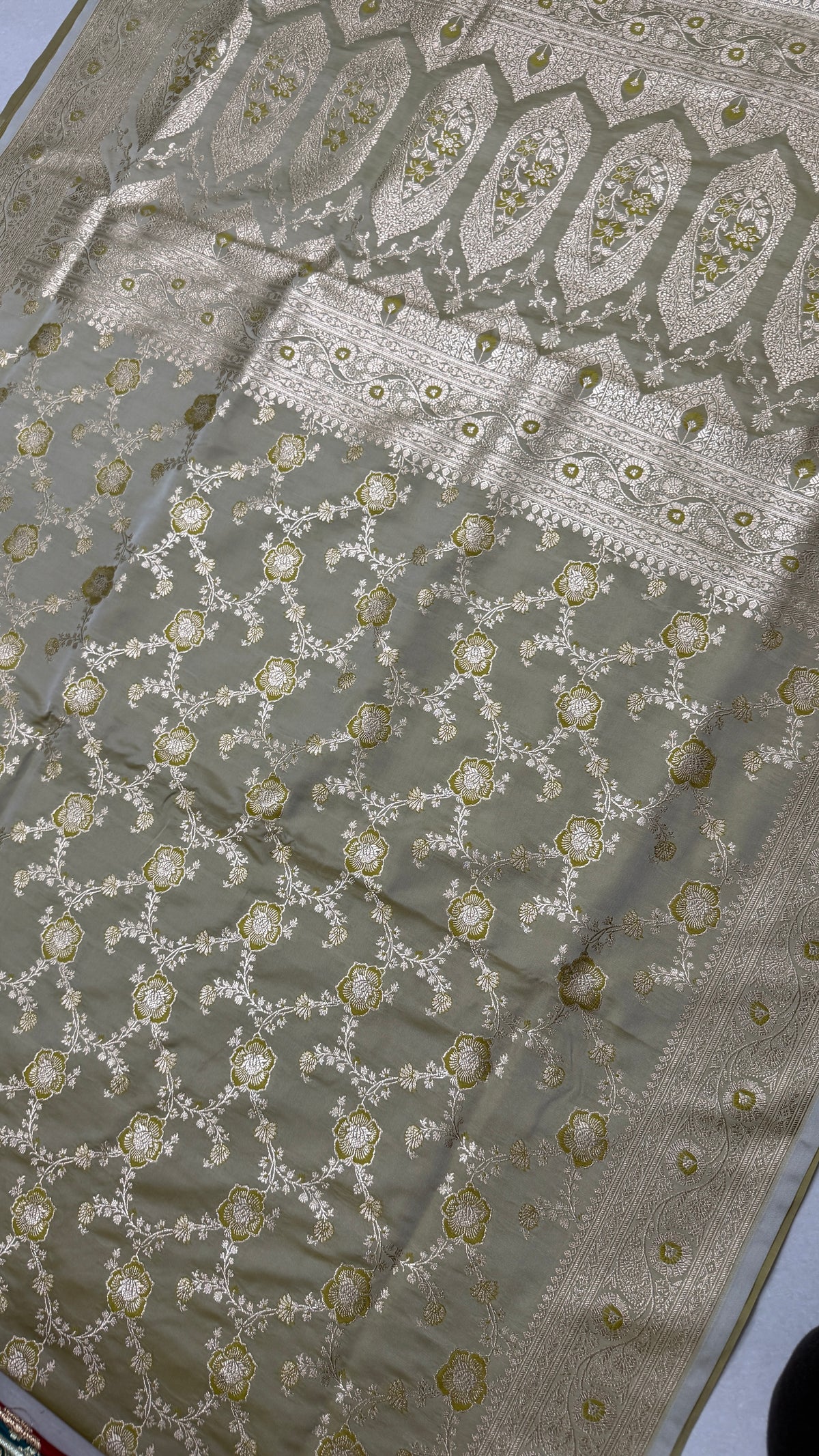 Pure Katan Silk Saree: Champagne Beige Zari Woven, Floral Motifs, Traditional Indian Wedding Wear