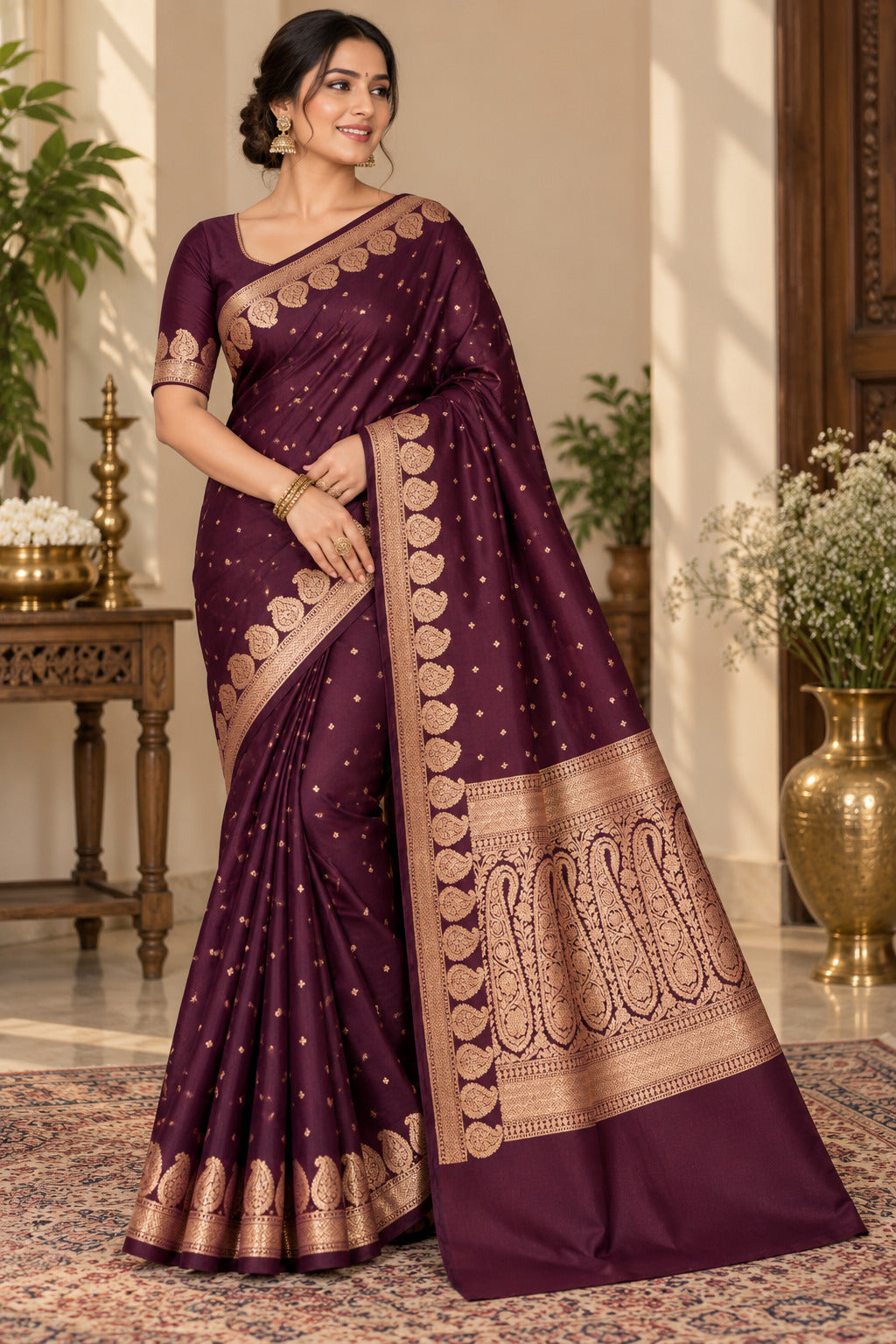 Burgundy Banarasi Mashru Silk Saree, Gold Zari Woven, Traditional Indian Wedding Saree