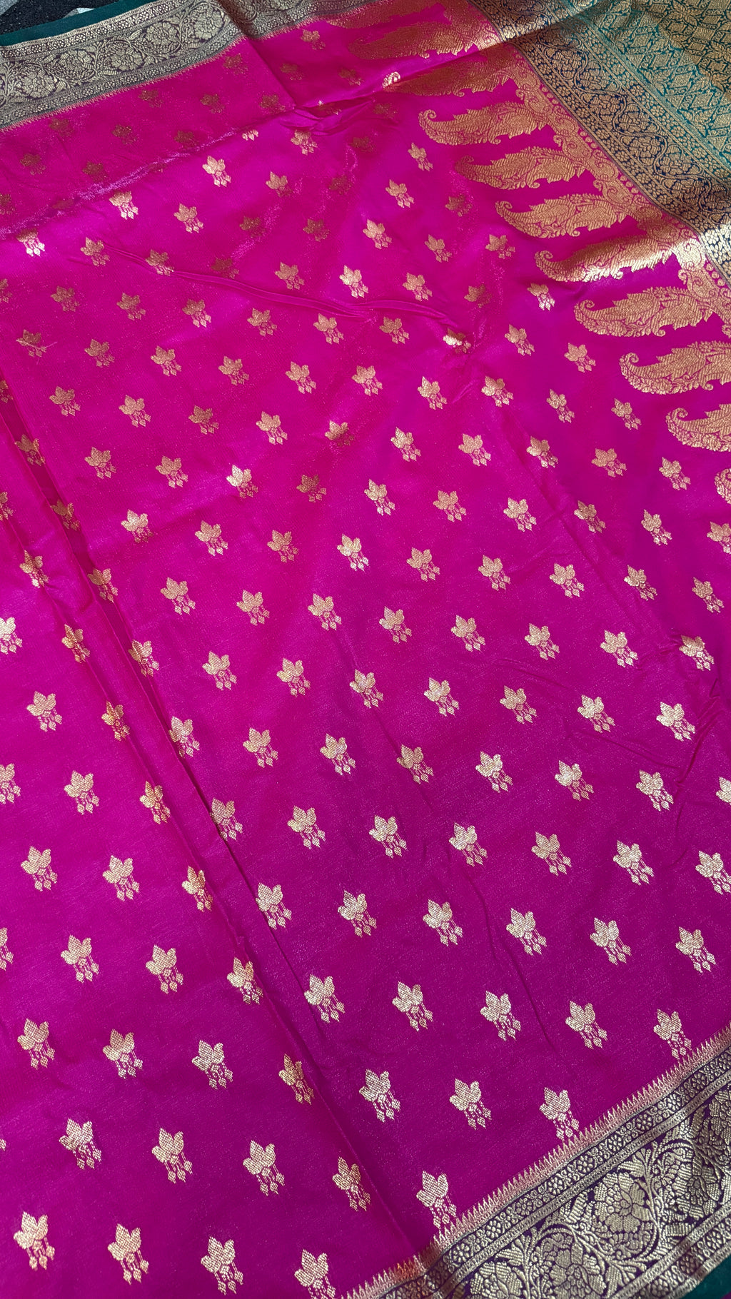 Hot Pink Banarasi Silk Saree with Gold Floral Butti & Rich Zari Border