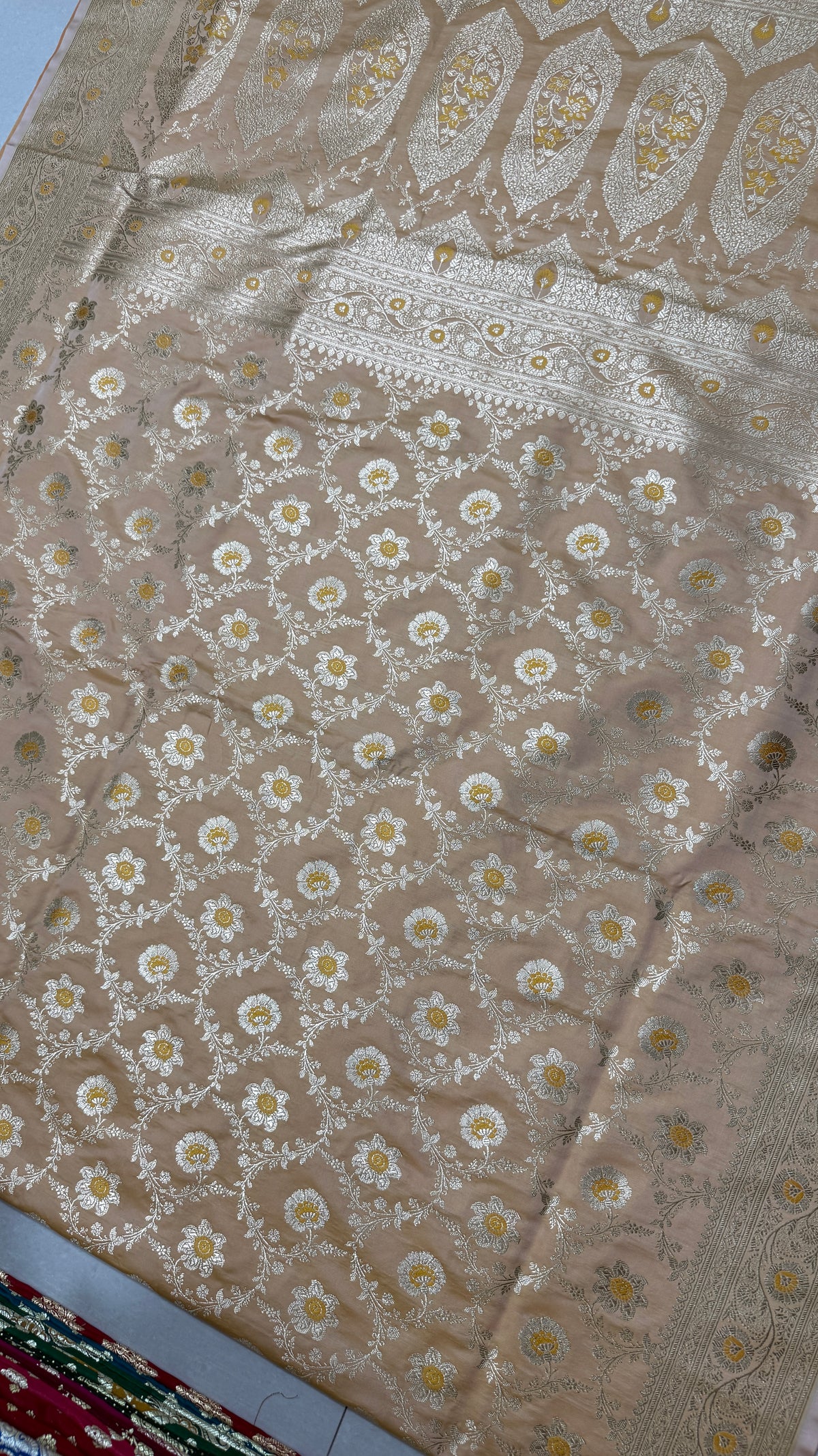 Pure Katan Silk Saree: Champagne Beige Floral Zari Woven Indian Wedding Festive Wear