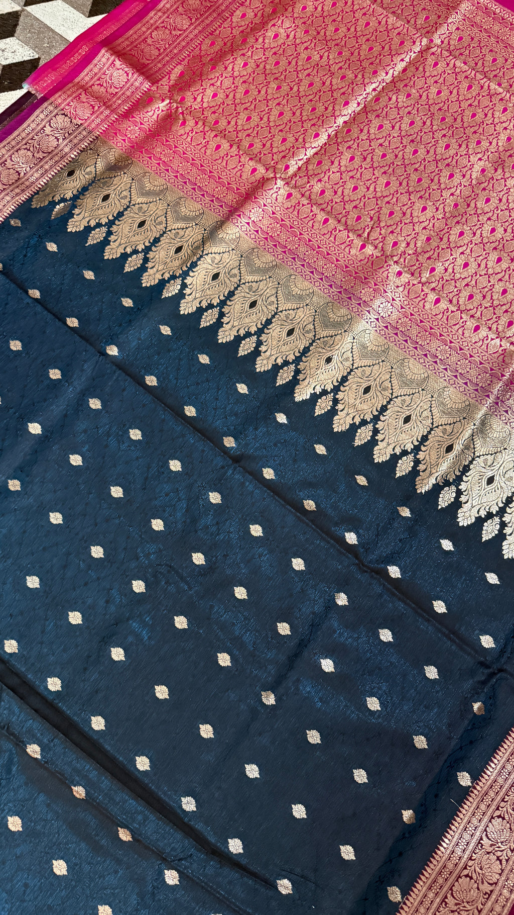 Navy Blue Pink Banarasi Silk Saree, Golden Zari Woven, Wedding Festive Wear