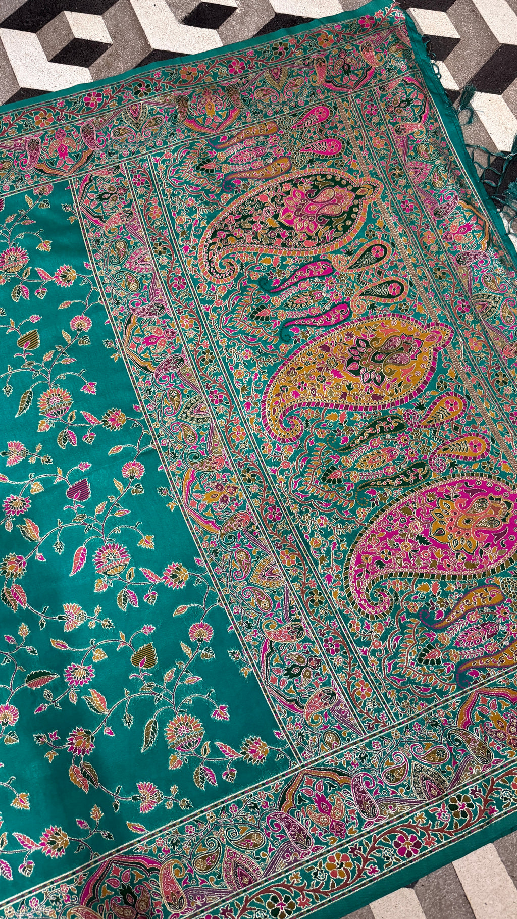 Teal Blue Pashmina Silk Saree, Kashmiri Floral Woven Paisley Border