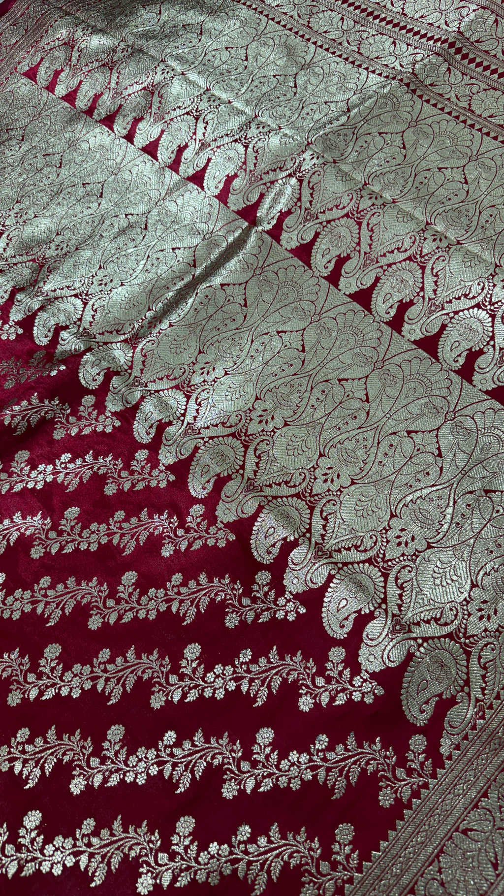 Maroon Gold Banarasi Silk Saree, Floral Paisley Zari Weave, Wedding Festive