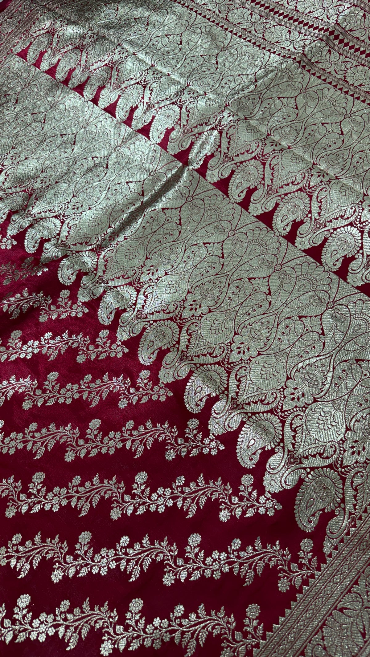 Maroon Gold Banarasi Silk Saree, Floral Paisley Zari Weave, Wedding Festive
