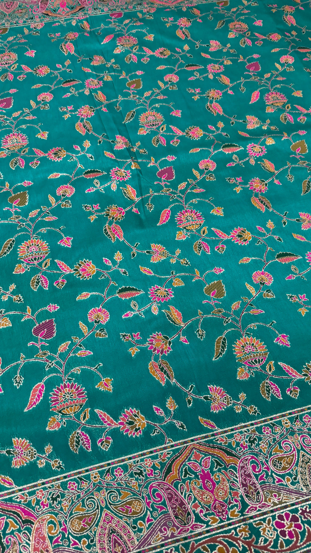 Teal Blue Pashmina Silk Saree, Kashmiri Floral Woven Paisley Border