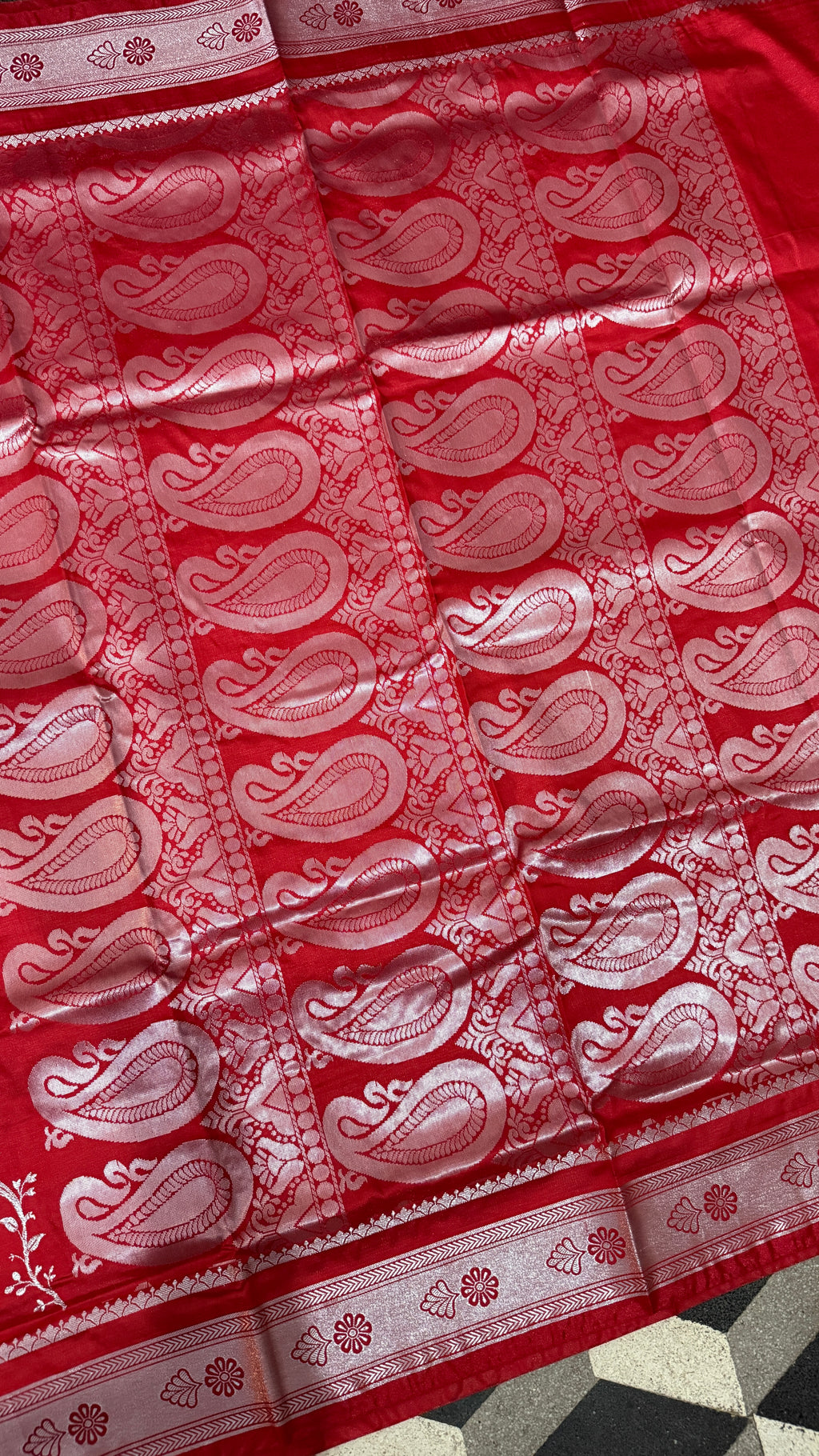 Red Satin Silk Saree, Floral Vine, Silver Border, Paisley Pallu (Wedding Wear)