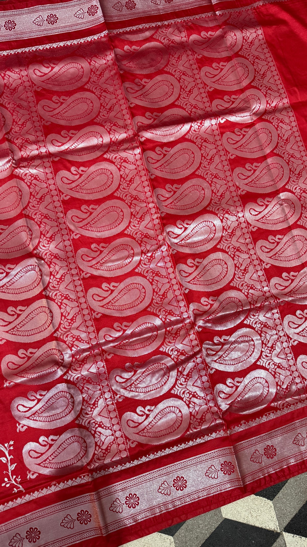 Red Satin Silk Saree, Floral Vine, Silver Border, Paisley Pallu (Wedding Wear)
