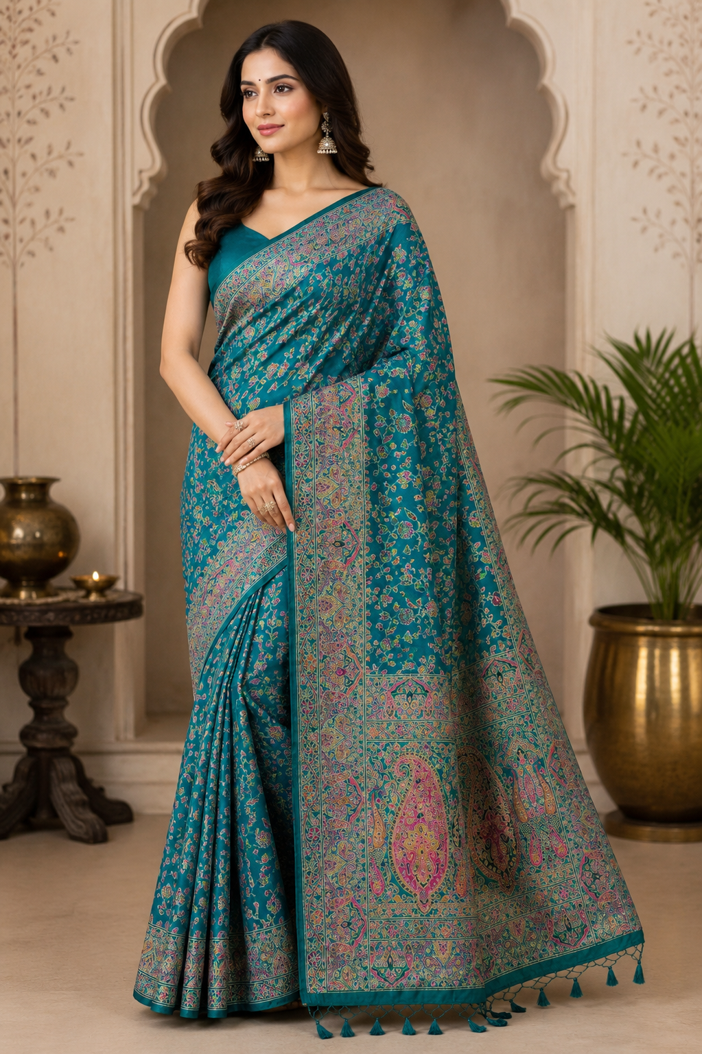 Teal Blue Pashmina Silk Saree, Kashmiri Floral Woven Paisley Border