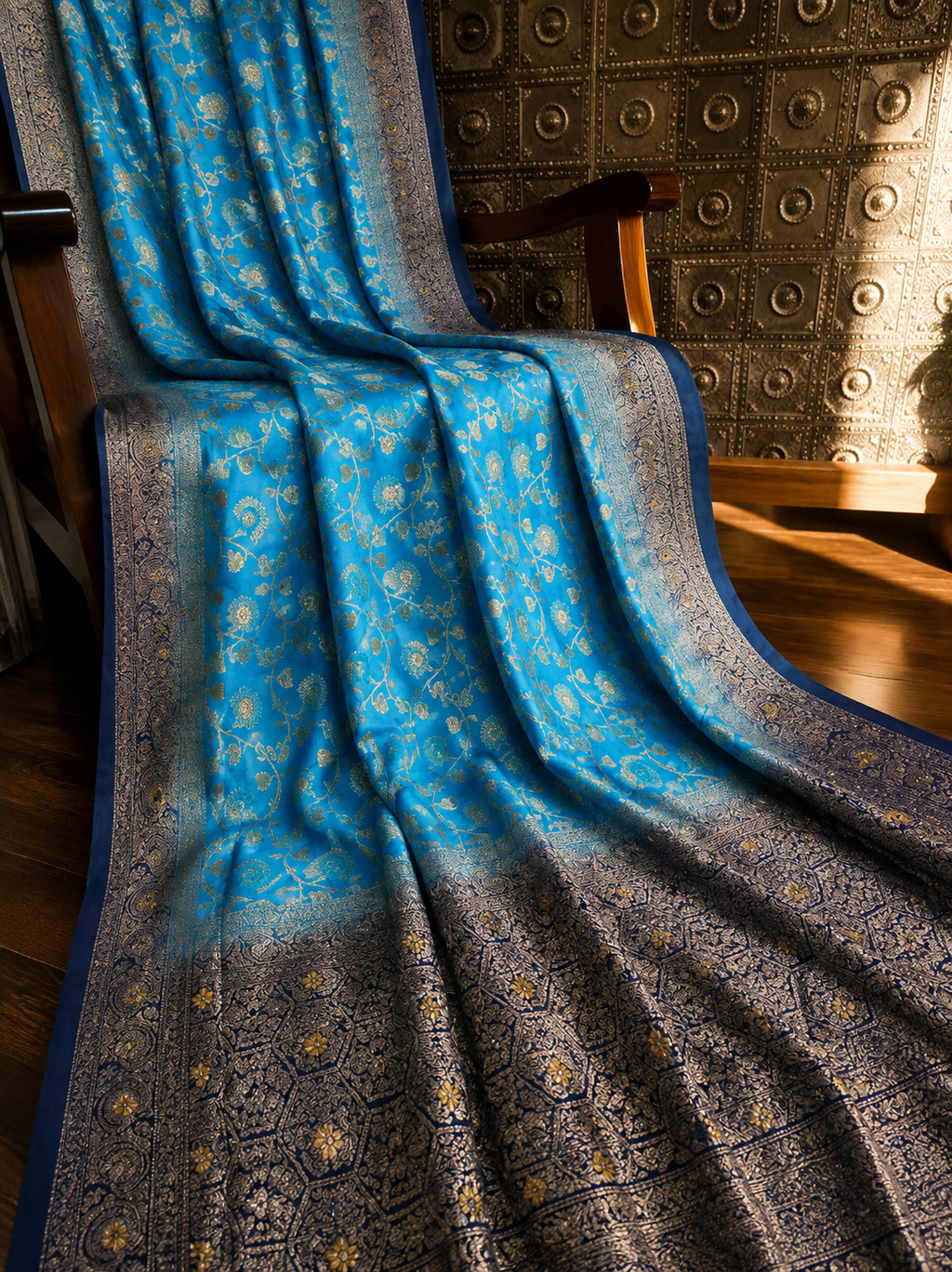 Sky Blue Dola Silk Saree, Banarasi Zari Woven Floral, Festive Indian Wedding Wear
