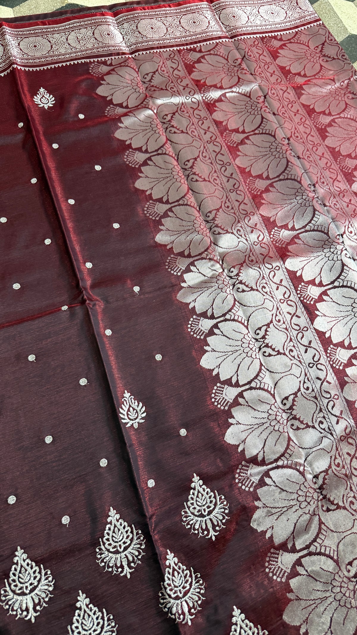 Wine Maroon Satin Silk Saree, Silver Zari Border, Floral Pallu, Festive Ethnic Wear