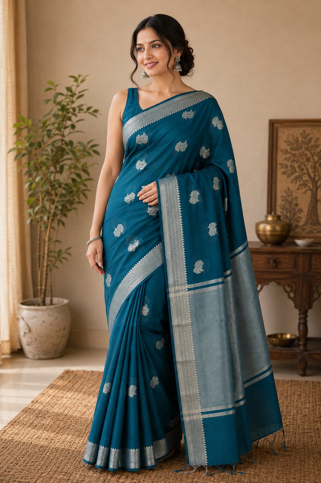Teal Cotton Saree, Silver Zari Woven Border, Traditional Indian Festive Wear