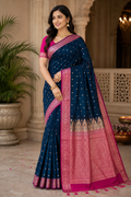 Navy Blue Pink Banarasi Silk Saree, Golden Zari Woven, Wedding Festive Wear