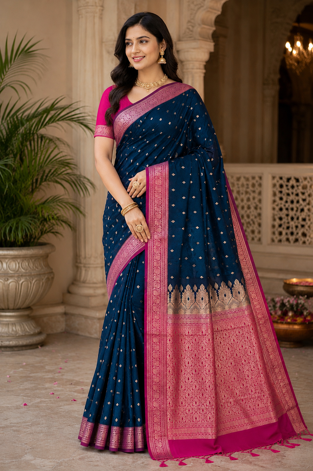 Navy Blue Pink Banarasi Silk Saree, Golden Zari Woven, Wedding Festive Wear