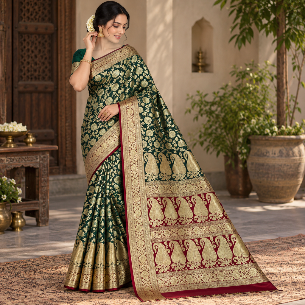 Dark Green Maroon Banarasi Silk Saree, Gold Zari Floral Paisley Wedding Saree