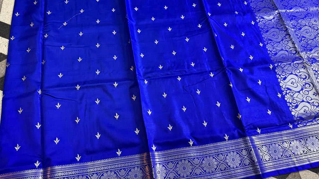 Royal Blue Satin Silk Saree, Silver Zari Border, Festive Ethnic Wear