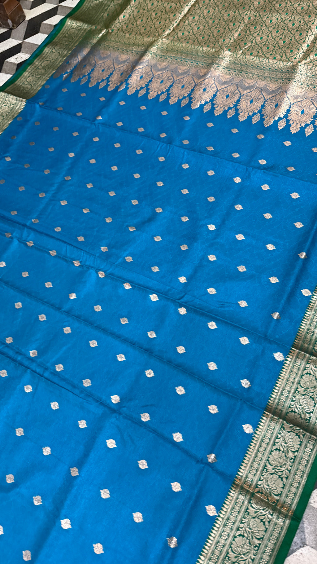 Royal Blue Green Banarasi Silk Saree, Golden Zari Woven Wedding Ethnic Wear