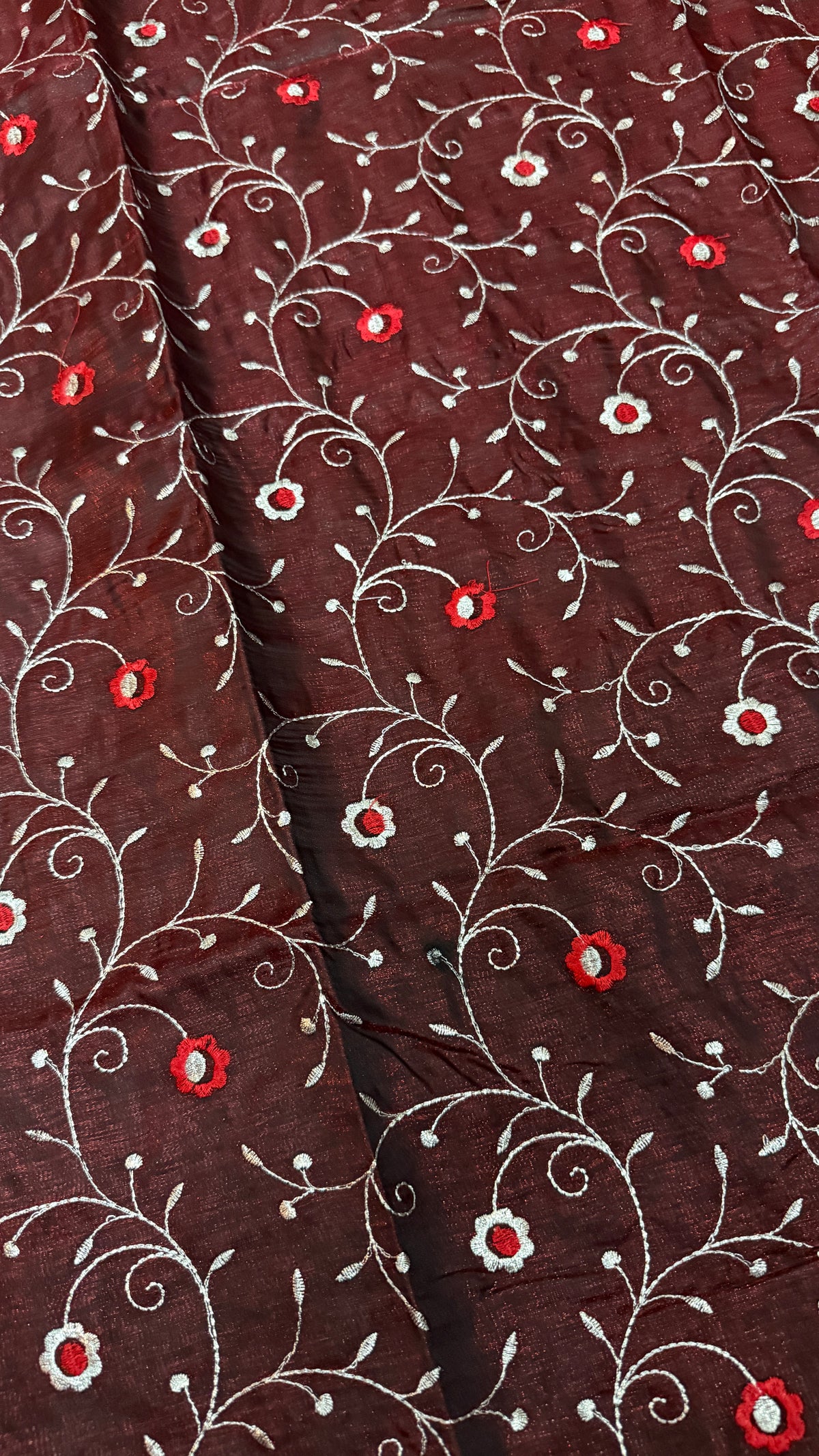 Wine Satin Silk Saree, Floral Vine, Silver Border, Paisley Pallu (Wedding Wear)