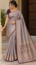 Emerald Green Banarasi Silk Saree, Rose Gold Zari Woven Border, Indian Wedding Festive Wear (Copy 4)