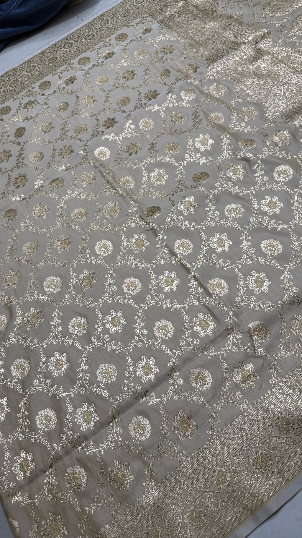 Pure Katan Silk Saree: Pearl Silver Floral Zari Woven Indian Wedding Festive Traditional Bridal