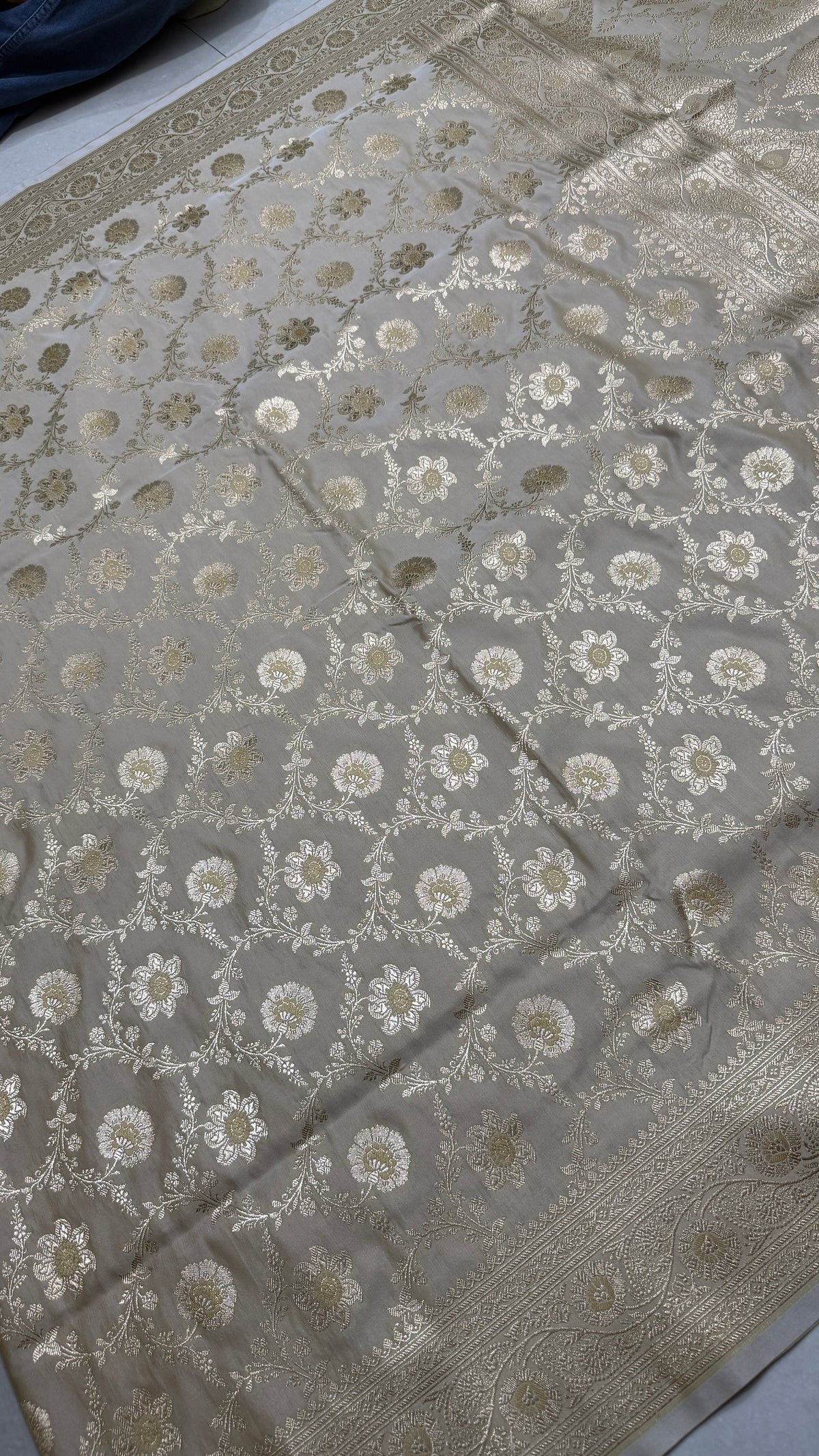 Pure Katan Silk Saree: Pearl Silver Floral Zari Woven Indian Wedding Festive Traditional Bridal