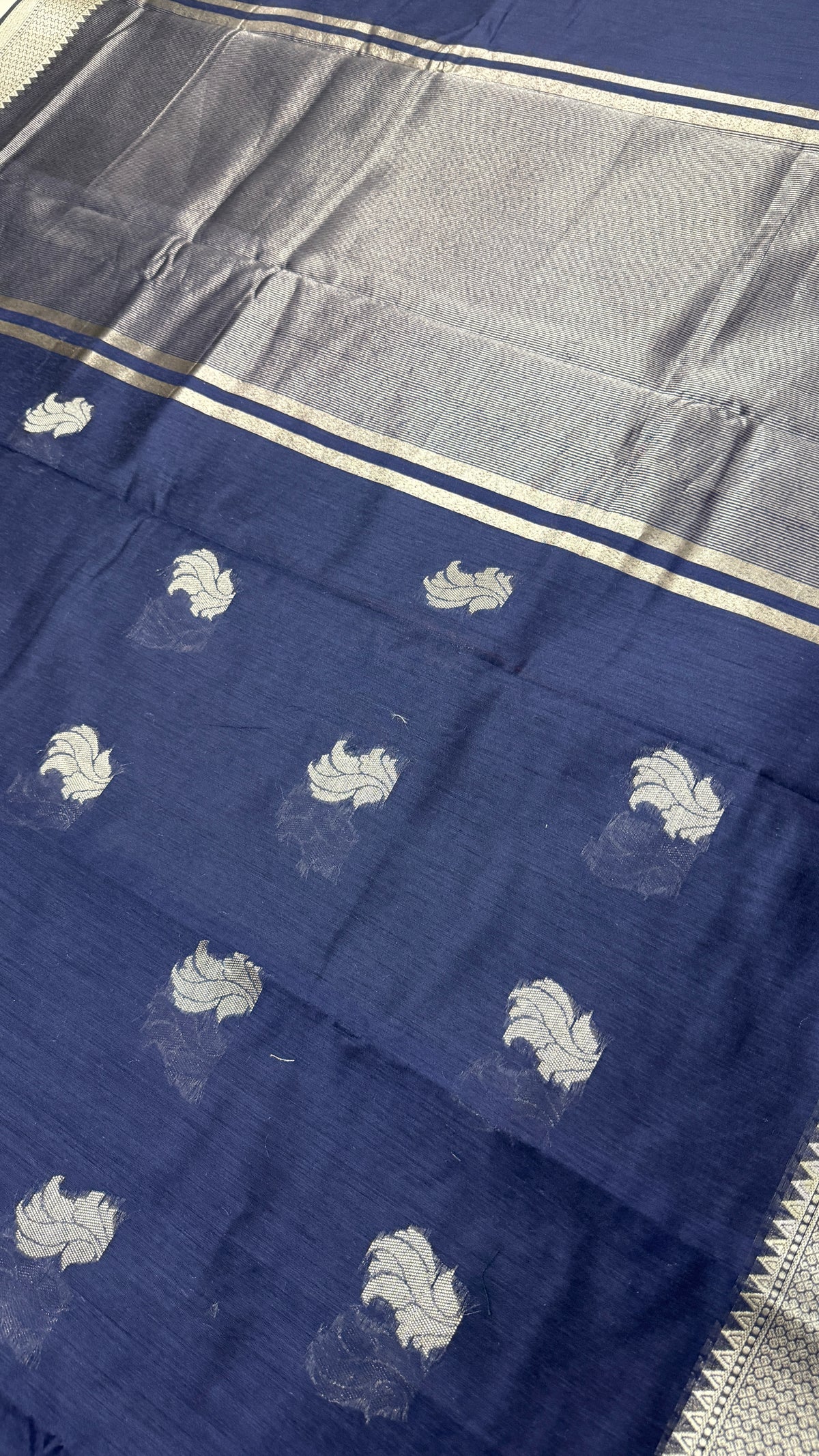 Navy Blue Cotton Saree with Silver Zari Border, Handloom Festive Wear