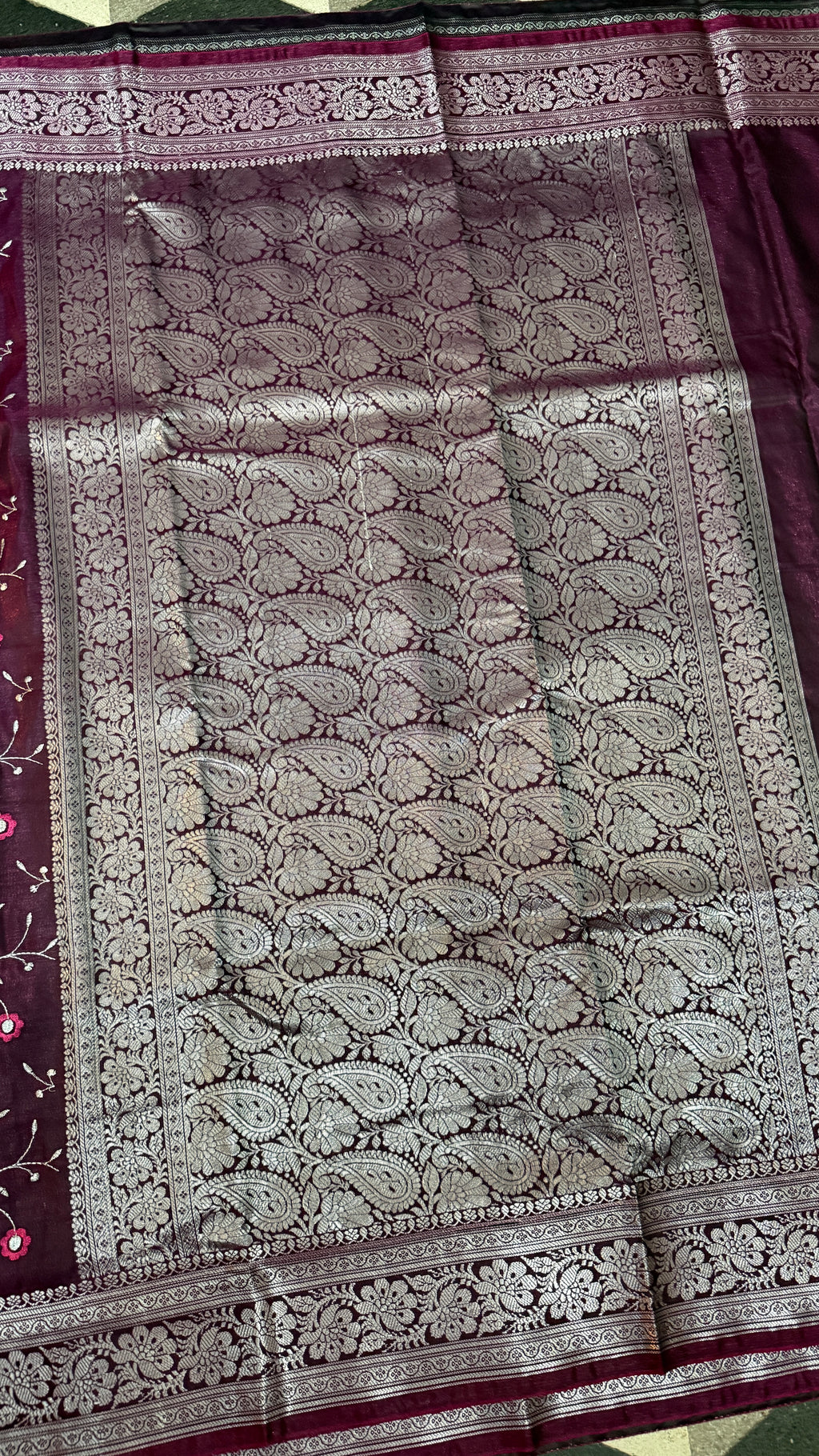 Wine Purple Satin Silk Saree, Floral Vine, Silver Border, Paisley Pallu