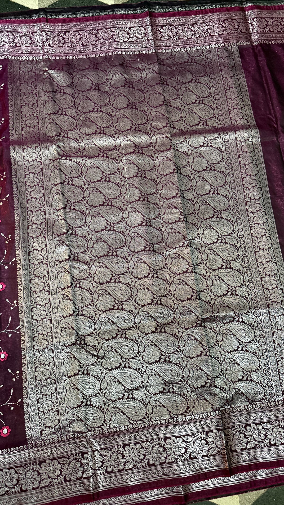 Wine Purple Satin Silk Saree, Floral Vine, Silver Border, Paisley Pallu