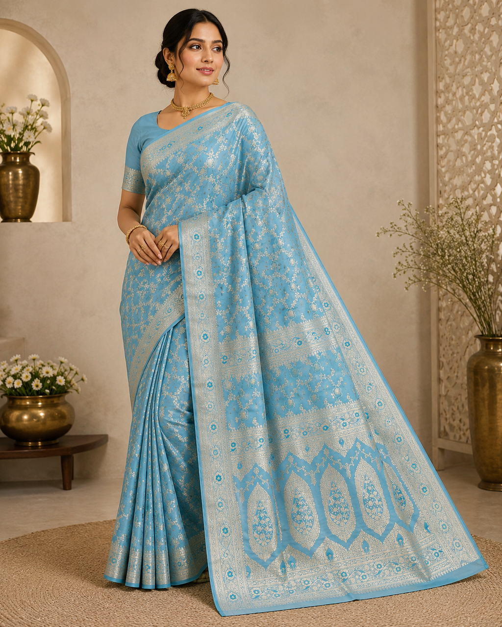Pure Katan Silk Saree Sky Blue Zari Woven Traditional Indian Wedding Festive Bridal
