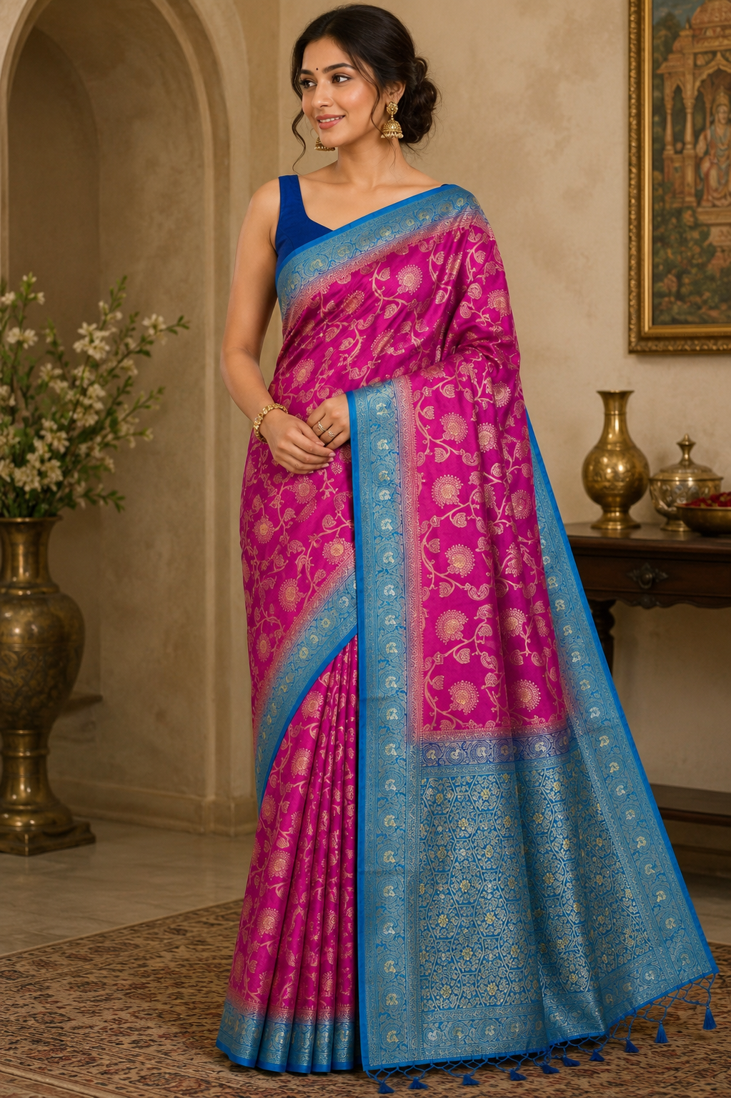 Fuchsia Pink Dola Silk Saree, Banarasi Zari Woven Border, Floral Motifs, Festive Wear