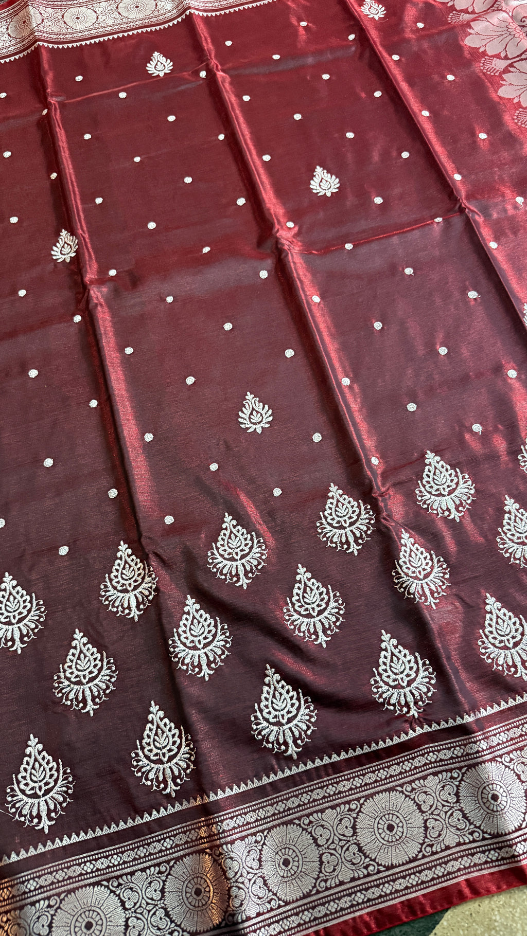 Wine Maroon Satin Silk Saree, Silver Zari Border, Floral Pallu, Festive Ethnic Wear